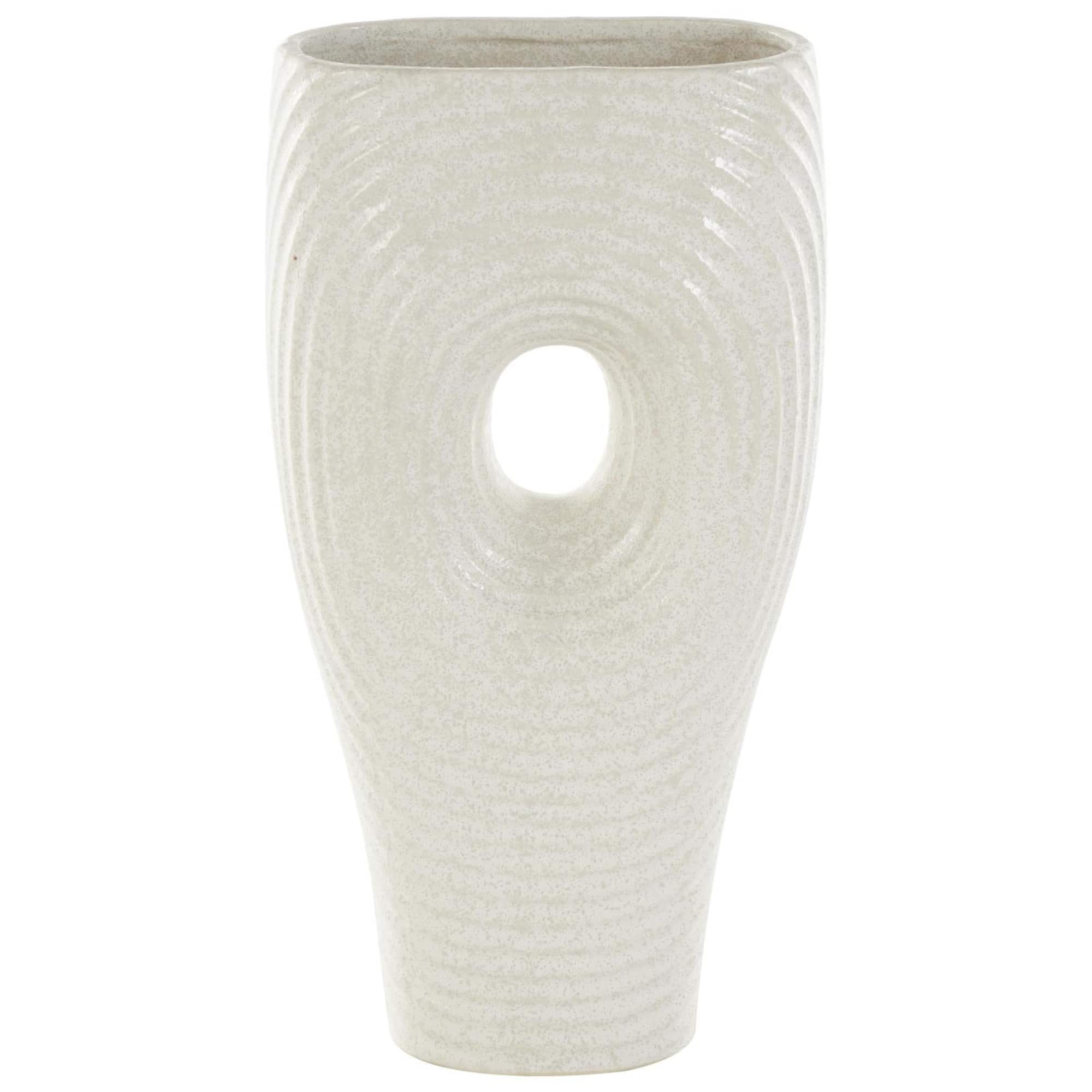 16" White Speckled Ceramic Ribbed Cutout Vase